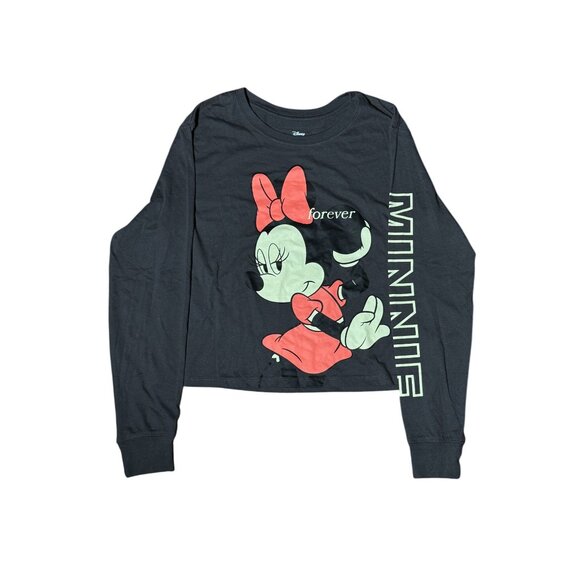 NEW Disney Minnie Mouse Graphic Tee Womens M Grey Asphalt Sleeve Spellout Shirt - Picture 4 of 9